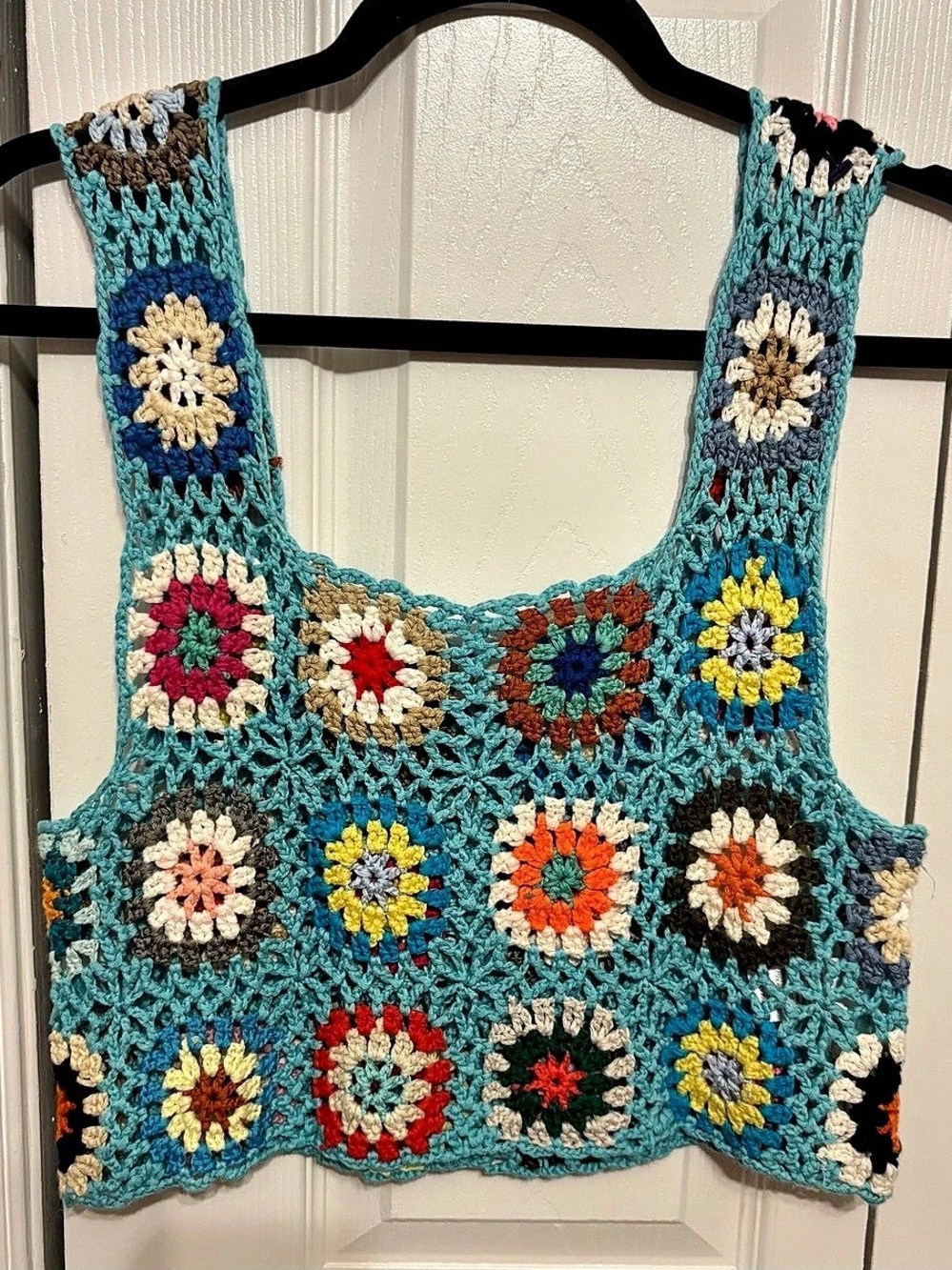 Altered State Crochet Granny Square Tank Top Blue XS/S Like New